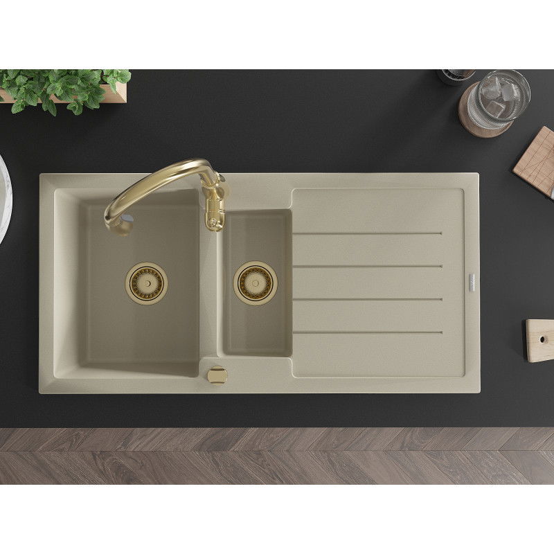 Mexen Andres lavello in granito 1,5 vasche con sgocciolatoio e rubinetto da cucina Savita, beige - 6515-69-672601-50