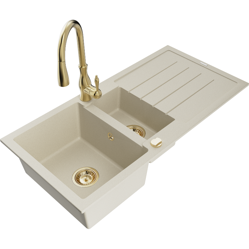 Mexen Andres fregadero de granito de 1,5 senos con escurridor y grifo de cocina Savita, beige - 6515-69-672601-50