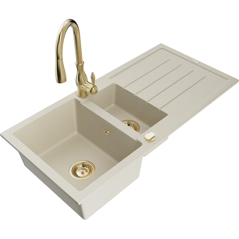 Mexen Andres granitā izlietne ar 1,5 nodalījumu, iztekas vietu un virtuves krānu Savita, bēšs - 6515-69-672601-50