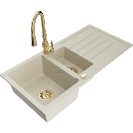 Mexen Andres fregadero de granito 1,5 senos con escurridor y grifo de cocina Savita, beige - 6515-69-672601-50