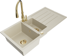 Mexen Andres Granitspüle 1,5-beckig mit Abtropffläche und Küchenarmatur Savita, beige - 6515-69-672601-50