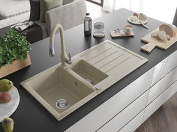 Mexen Andres lavello in granito a 1,5 vasca con gocciolatoio e rubinetto cucina Savita, beige - 6515-69-672601-69