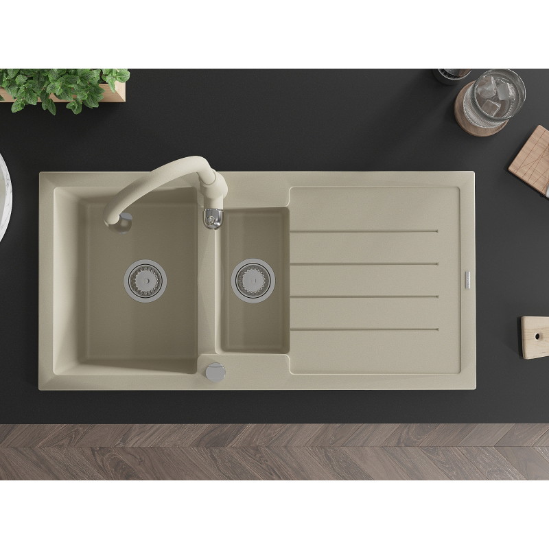 Mexen Andres granit gootsteen 1,5-kamerig met afdruiprek en keukenmengkraan Savita, beige - 6515-69-672601-69
