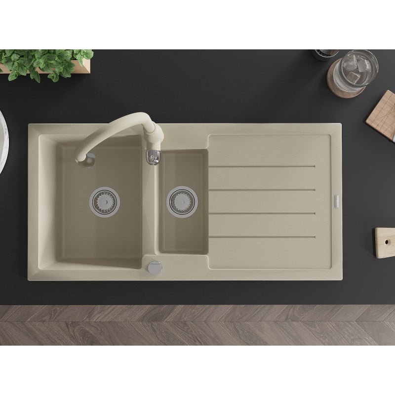 Mexen Andres Granitspüle 1,5-Schüssel mit Abtropffläche und Küchenarmatur Savita, beige - 6515-69-672601-69