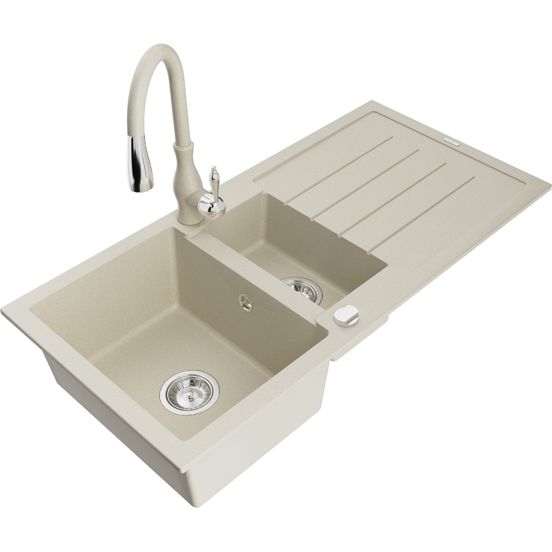Mexen Andres fregadero de granito de 1,5 senos con escurridor y grifo de cocina Savita, beige - 6515-69-672601-69