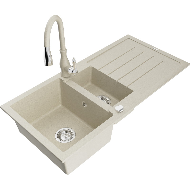 Mexen Andres lavello in granito 1,5 vasca con sgocciolatoio e miscelatore da cucina Savita, beige - 6515-69-672601-69