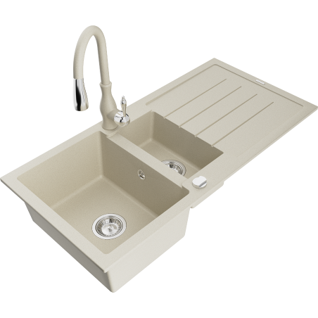 Mexen Andres fregadero de granito de 1,5 senos con escurridor y grifo de cocina Savita, beige - 6515-69-672601-69