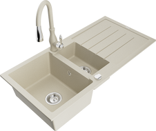 Mexen Andres granite sink 1.5-bowl with drainer and Savita kitchen tap, beige - 6515-69-672601-69