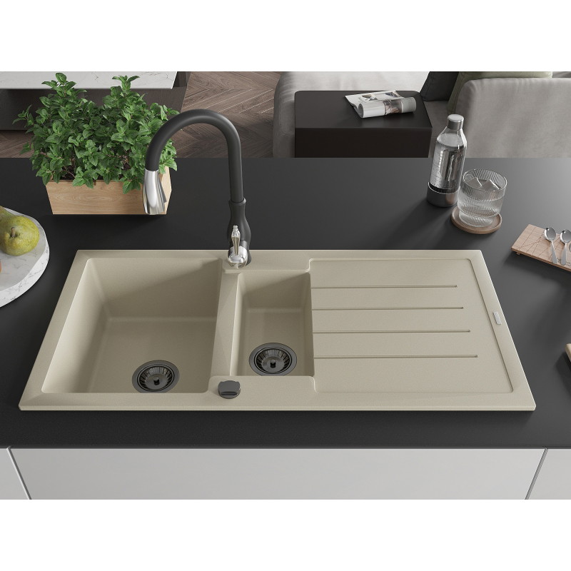 Mexen Andres granieten spoelbak 1,5-komorige met afdruiprek en keukenmengkraan Savita, beige - 6515-69-672601-70