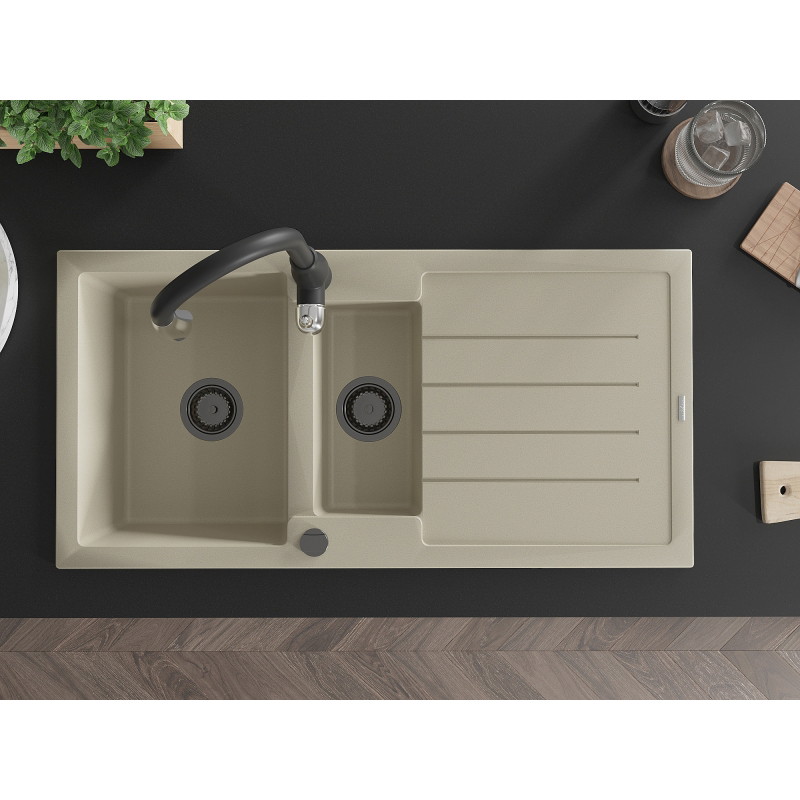 Mexen Andres granieten spoelbak 1,5-komorige met afdruiprek en keukenmengkraan Savita, beige - 6515-69-672601-70