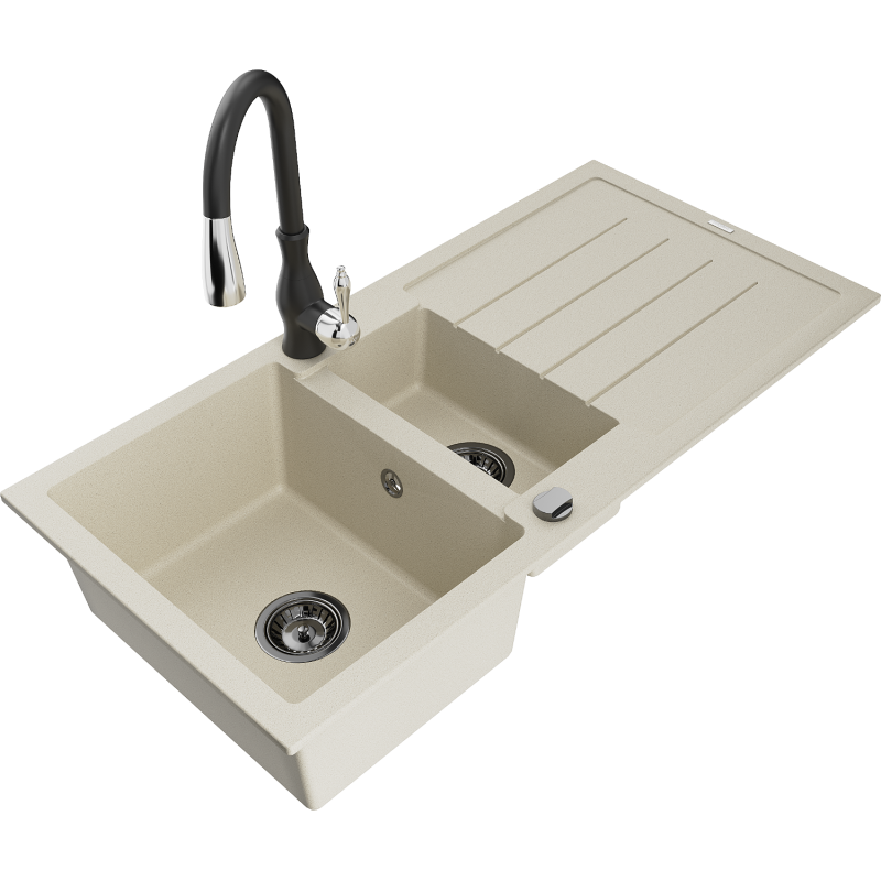Mexen Andres granieten spoelbak 1,5-kamer met afdruiprek en keukenmengkraan Savita, beige - 6515-69-672601-70