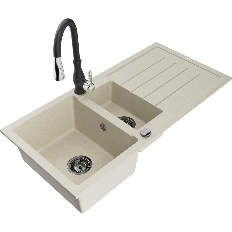 Mexen Andres granite sink 1.5 bowl with drainer and Savita kitchen tap, beige - 6515-69-672601-70