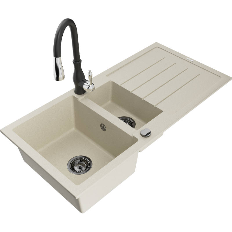Mexen Andres Granitspüle 1,5-Becken mit Ablage und Küchenarmatur Savita, beige - 6515-69-672601-70