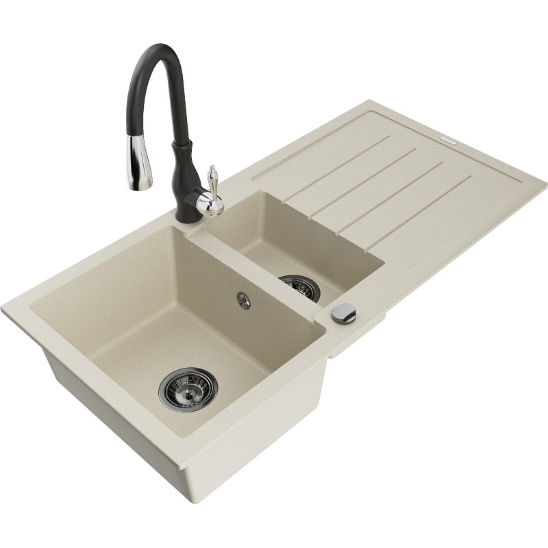 Mexen Andres lavello in granito 1,5 vasche con gocciolatoio e rubinetto da cucina Savita, beige - 6515-69-672601-70