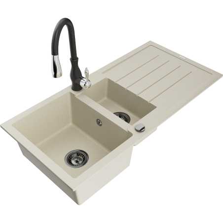 Mexen Andres granieten spoelbak 1,5-komorige met afdruiprek en keukenmengkraan Savita, beige - 6515-69-672601-70