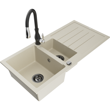 Mexen Andres Granitspüle 1,5-Becken mit Ablage und Küchenarmatur Savita, beige - 6515-69-672601-70
