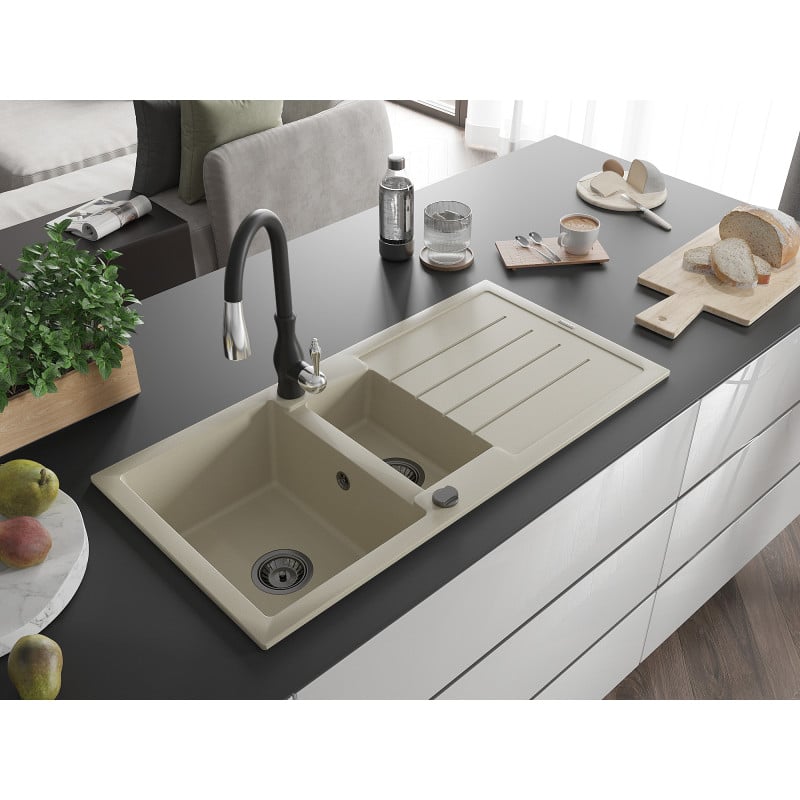 Mexen Andres lavello in granito 1,5 vasca con scolapiatti e rubinetto da cucina Savita, beige - 6515-69-672601-70