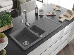 Mexen Andres granite sink 1.5-bowl with drainer and Savita kitchen tap, grey - 6515-71-672601-00