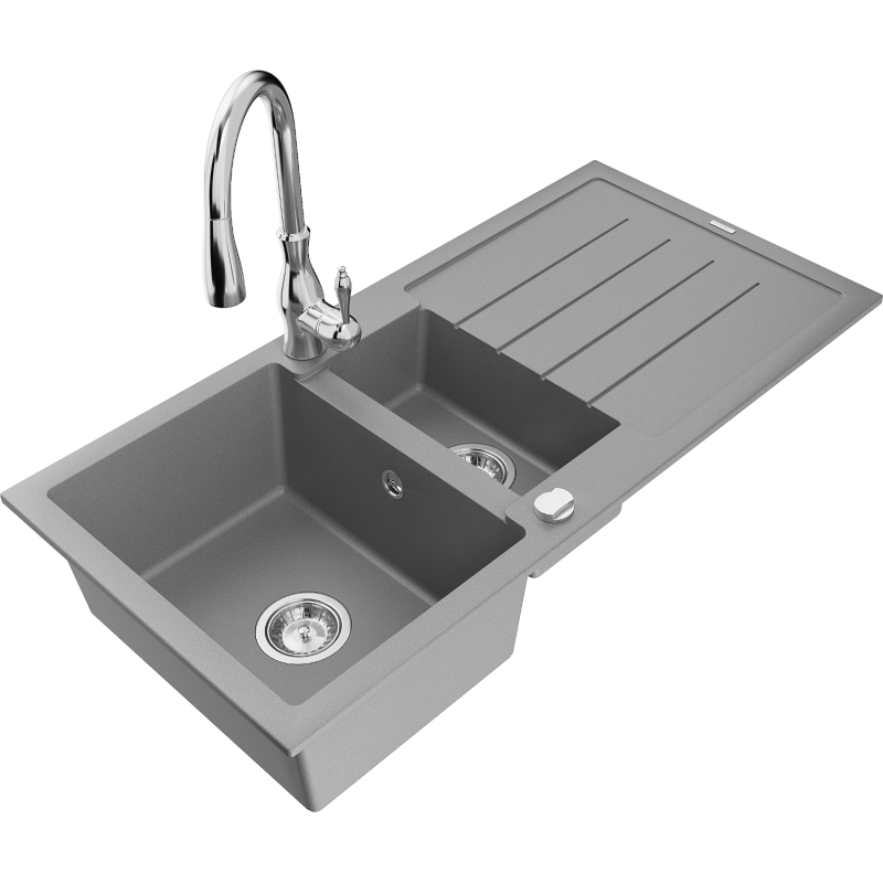 Mexen Andres fregadero de granito de 1,5 senos con escurridor y grifo de cocina Savita, gris - 6515-71-672601-00