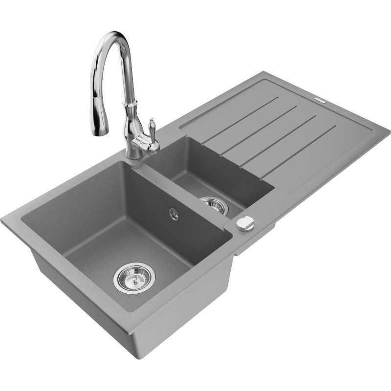 Mexen Andres granitische spoelbak 1,5-kamer met afdruiprek en keukenkraan Savita, grijs - 6515-71-672601-00