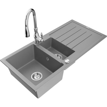 Mexen Andres fregadero de granito de 1,5 senos con escurridor y grifo de cocina Savita, gris - 6515-71-672601-00