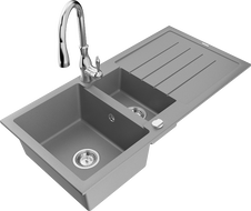 Mexen Andres granite sink 1.5-bowl with drainer and Savita kitchen tap, grey - 6515-71-672601-00
