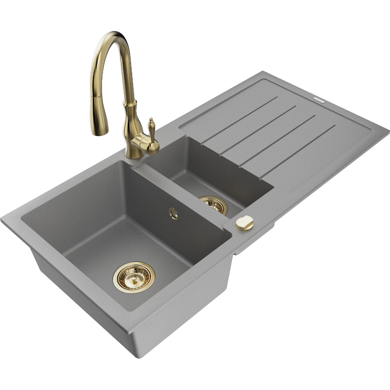 Mexen Andres fregadero de granito de 1,5 senos con escurridor y grifo de cocina Savita, gris - 6515-71-672601-50