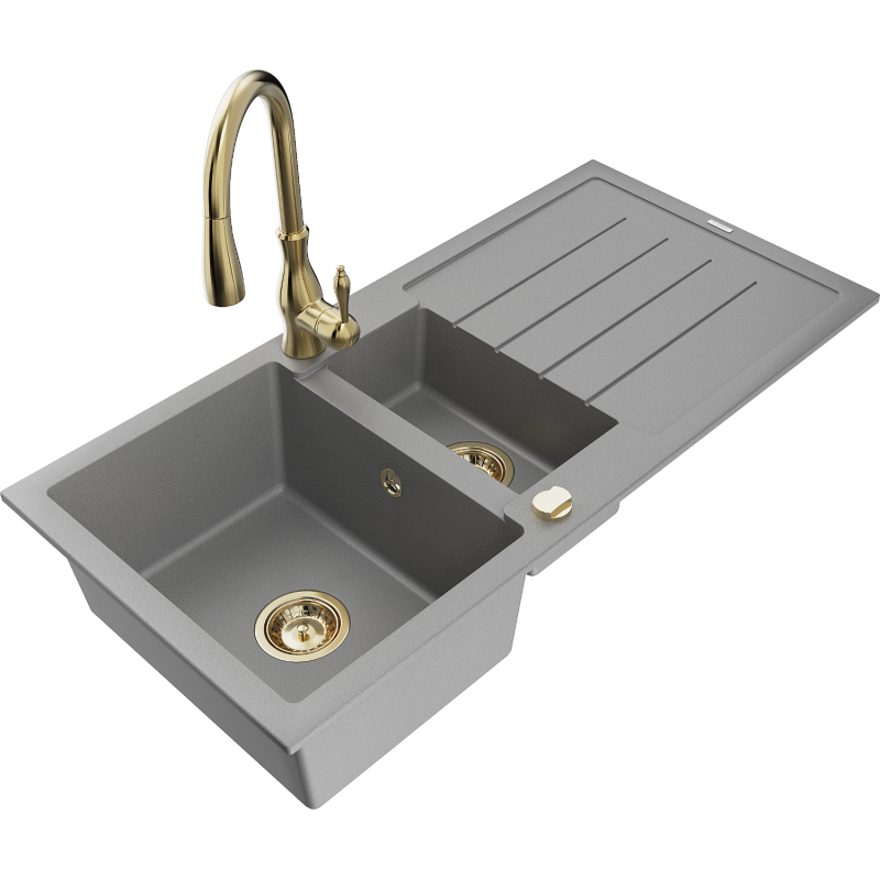 Mexen Andres granitizlietne 1,5 kameru ar noteku un virtuves krānu Savita, pelēks - 6515-71-672601-50