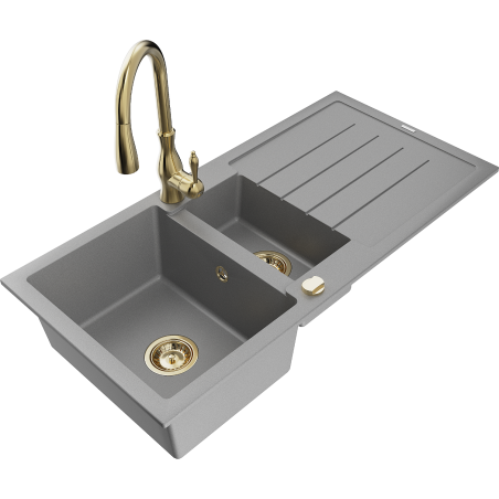 Mexen Andres fregadero de granito de 1,5 senos con escurridor y grifo de cocina Savita, gris - 6515-71-672601-50