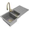 Mexen Andres lava-louças de granito de 1,5 cubas com escorredor e torneira de cozinha Savita, cinza - 6515-71-672601-50