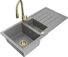 Mexen Andres 1.5-bowl granite sink with drainer and Savita kitchen tap, grey - 6515-71-672601-50