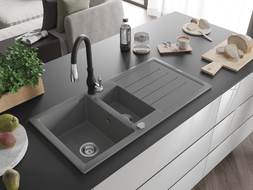 Mexen Andres granite sink 1.5-bowl with drainer and Savita kitchen faucet, gray - 6515-71-672601-70