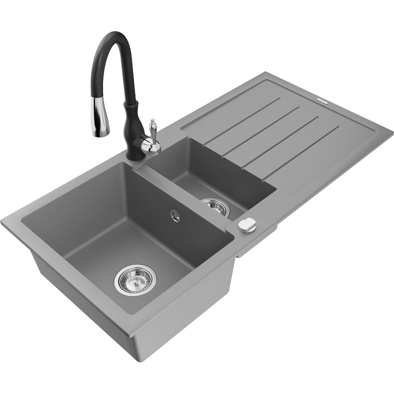 Mexen Andres granieten spoelbak 1,5-kamer met afdruiprek en keukenkraan Savita, grijs - 6515-71-672601-70