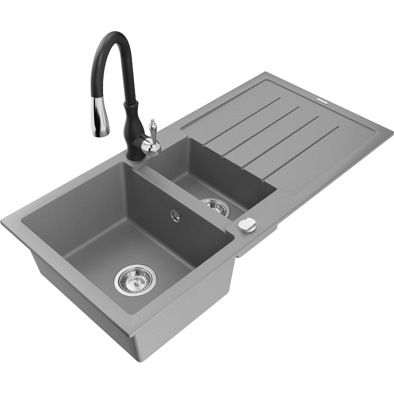 Mexen Andres granite sink 1.5-bowl with drainer and Savita kitchen tap, grey - 6515-71-672601-70