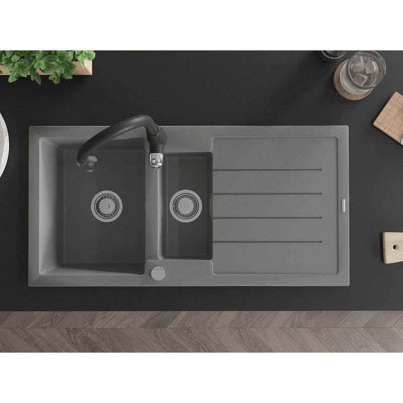 Mexen Andres granite sink 1.5-bowl with drainer and Savita kitchen tap, grey - 6515-71-672601-70