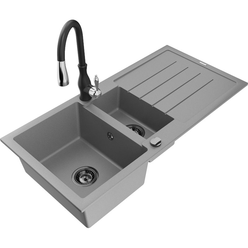 Mexen Andres fregadero de granito de 1,5 senos con escurridor y grifo de cocina Savita, gris - 6515-71-672601-70-B
