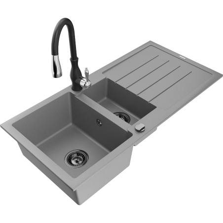 Mexen Andres fregadero de granito de 1,5 senos con escurridor y grifo de cocina Savita, gris - 6515-71-672601-70-B