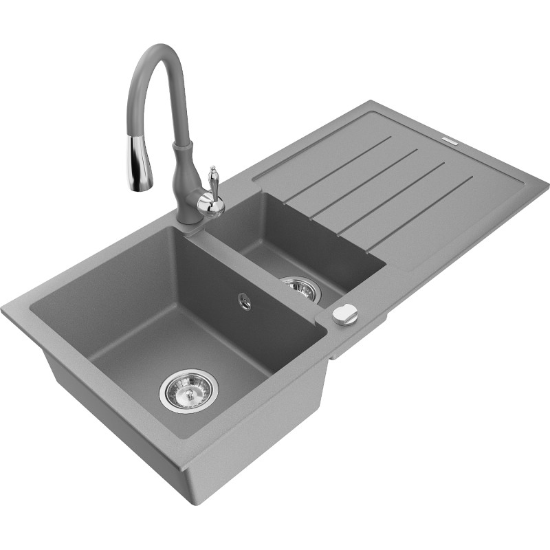 Mexen Andres granitische spoelbak 1,5-komoren met druiprek en keukenmengkraan Savita, grijs - 6515-71-672601-71