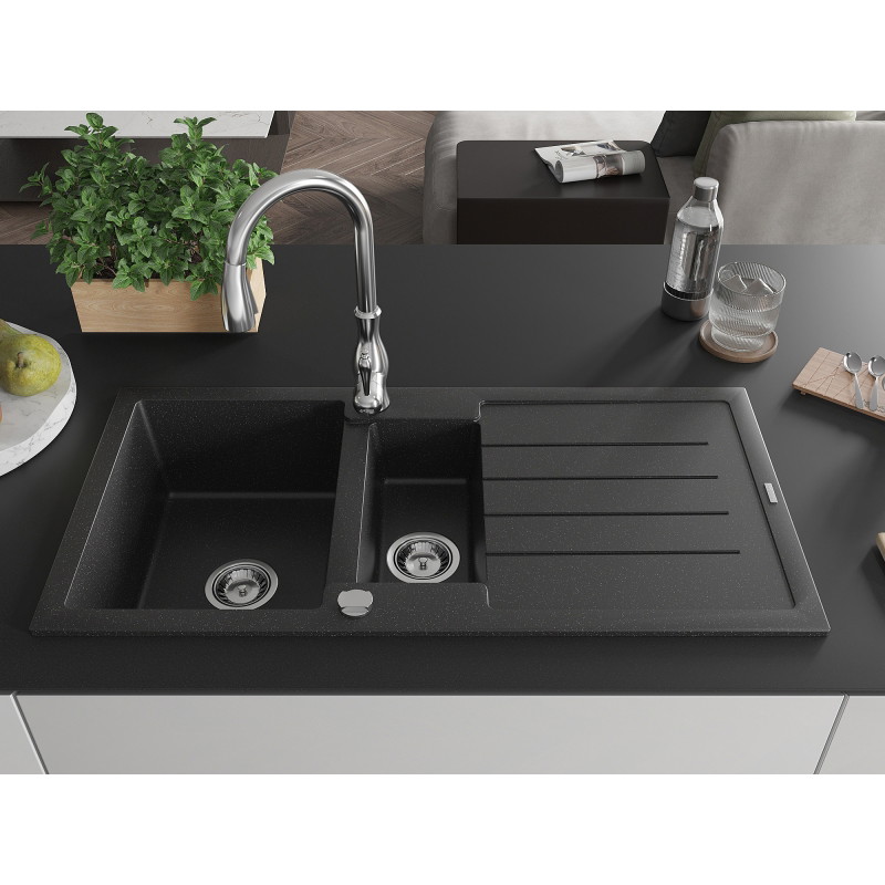 Mexen Andres fregadero de granito de 1,5 senos con escurridor y grifo de cocina Savita, negro/plata - 6515-73-672601-00