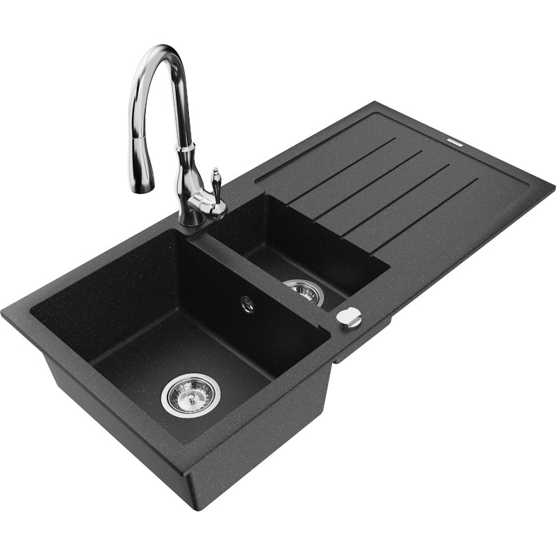 Mexen Andres fregadero de granito de 1,5 cubetas con escurridor y grifo de cocina Savita, negro/plata - 6515-73-672601-00