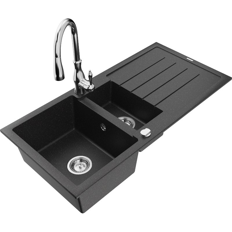 Mexen Andres lava-loiça de granito com 1,5 cubas e escorredor e torneira de cozinha Savita, preto/prateado - 6515-73-672601-00