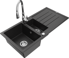 Mexen Andres 1.5-bowl granite sink with drainer and Savita kitchen tap, black/silver - 6515-73-672601-00