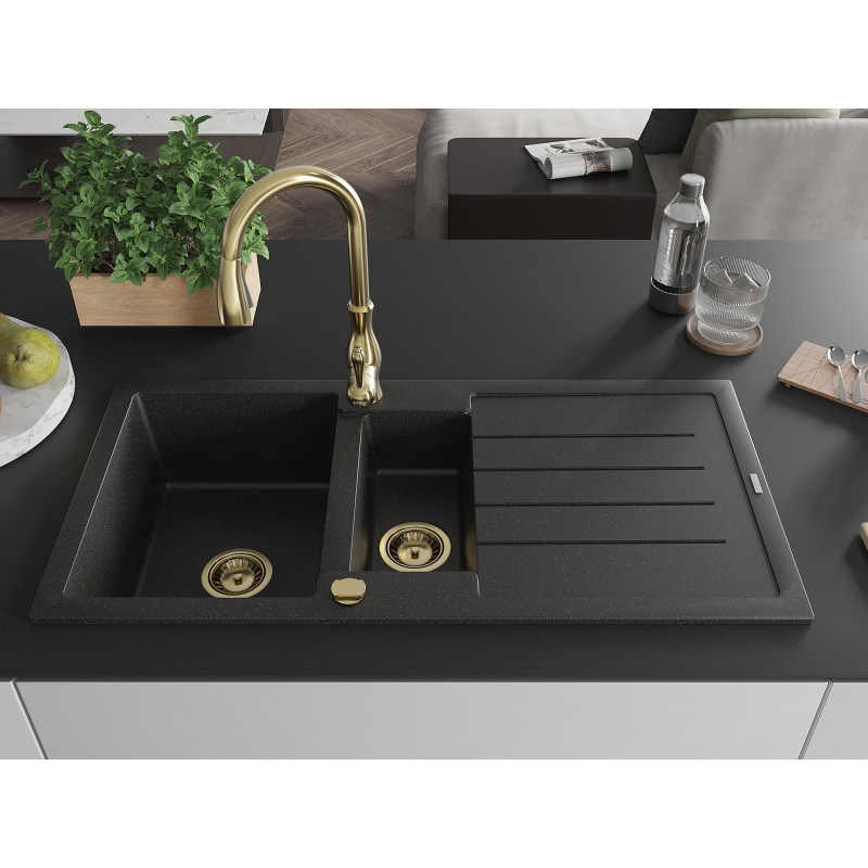 Mexen Andres fregadero de granito de 1,5 compartimentos con escurridor y grifo de cocina Savita, negro/plata - 6515-73-672601-50