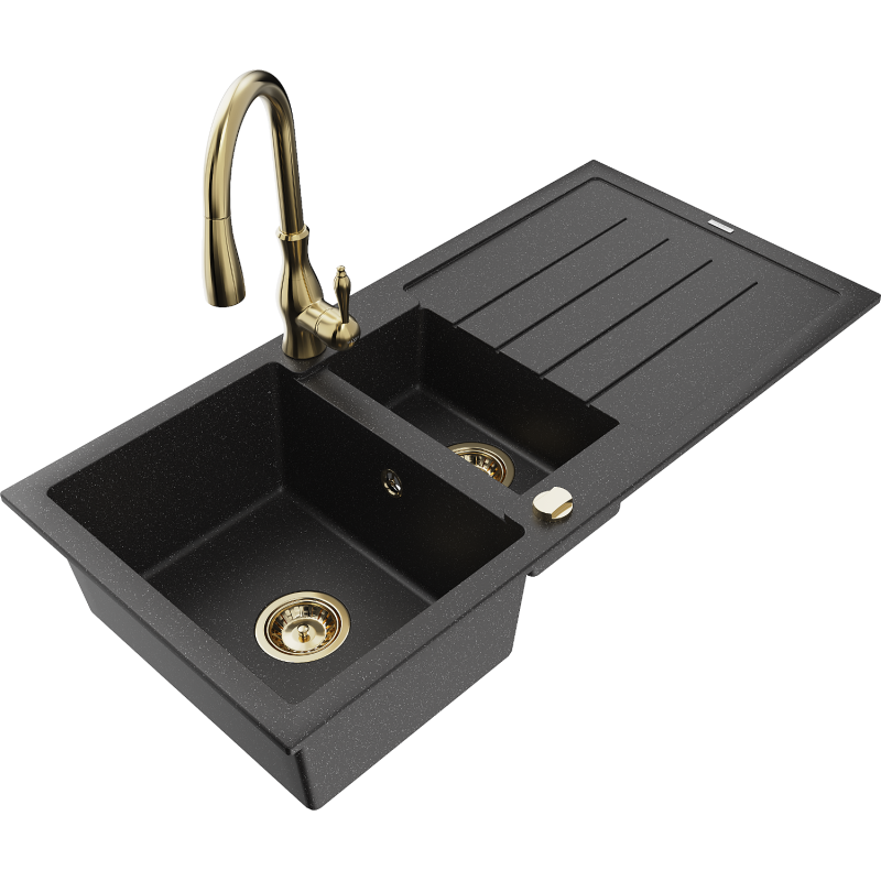 Mexen Andres 1,5-osainen graniitti pesuallas valutustasolla ja Savita-keittiöhanalla, musta/hopea - 6515-73-672601-50