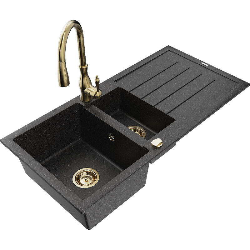 Mexen Andres fregadero de granito de 1,5 senos con escurridor y grifo de cocina Savita, negro/plateado - 6515-73-672601-50