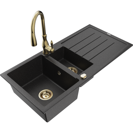 Mexen Andres granite sink 1.5-bowl with drainer and Savita kitchen tap, black/silver - 6515-73-672601-50
