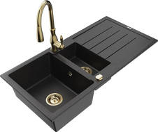 Mexen Andres granite sink 1.5-bowl with drainer and Savita kitchen tap, black/silver - 6515-73-672601-50