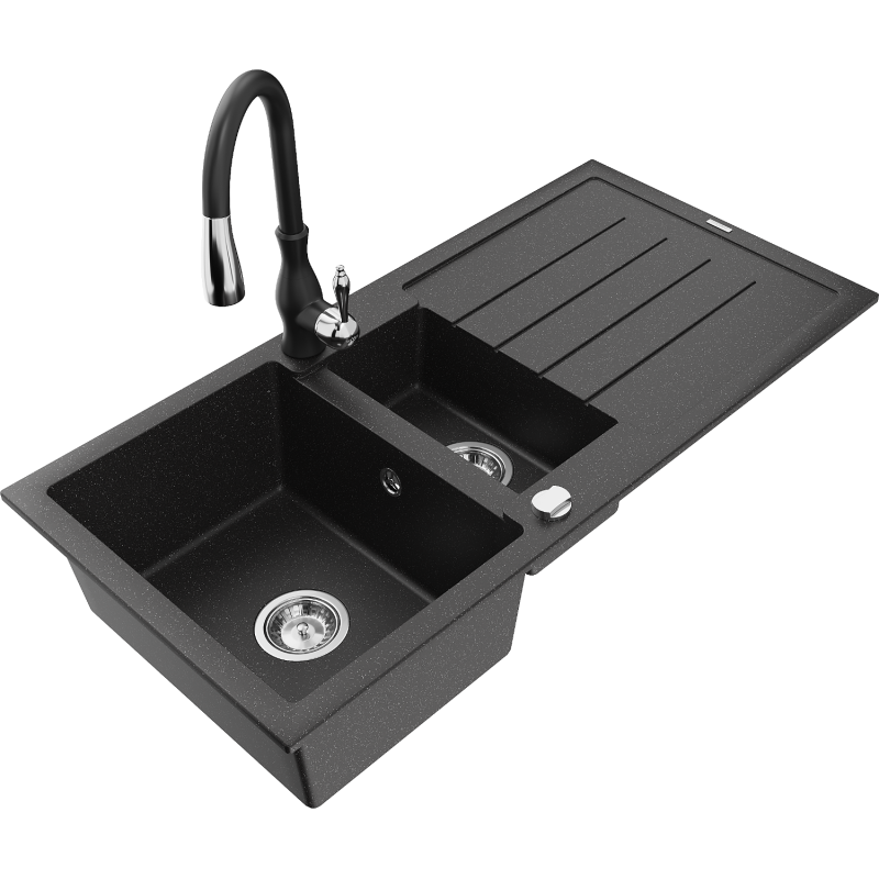 Mexen Andres fregadero de granito de 1,5 senos con escurridor y grifo de cocina Savita, negro/plata - 6515-73-672601-70