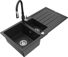 Mexen Andres 1.5-bowl granite sink with drainer and Savita kitchen faucet, black/silver - 6515-73-672601-70