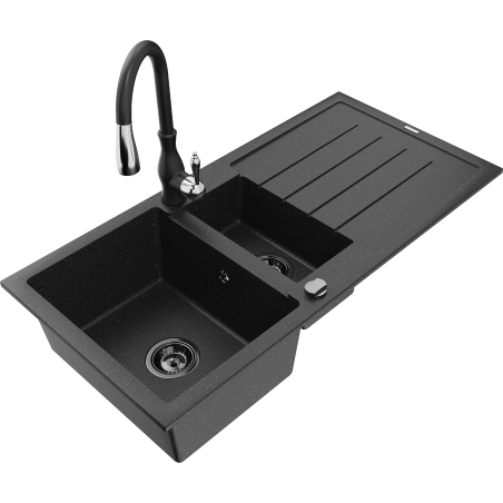 Mexen Andres fregadero de granito de 1,5 cuencas con escurridor y grifo de cocina Savita, negro/plata - 6515-73-672601-70-B